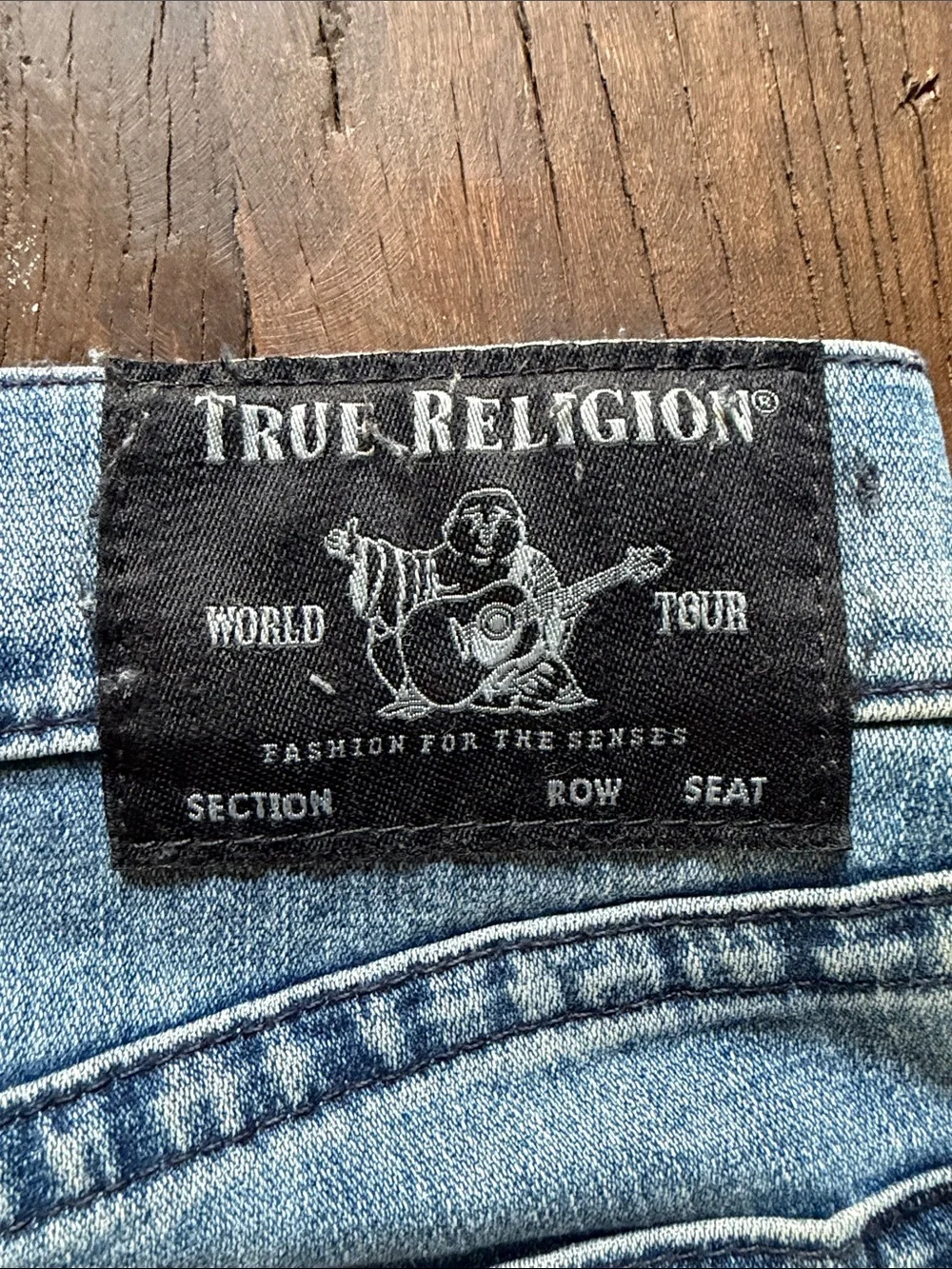 True Religion Men's Light Blue Skinny Moto Jeans with Knee Paneling
